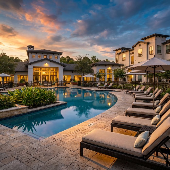The Oaks at Capital Creek clubhouse at dusk