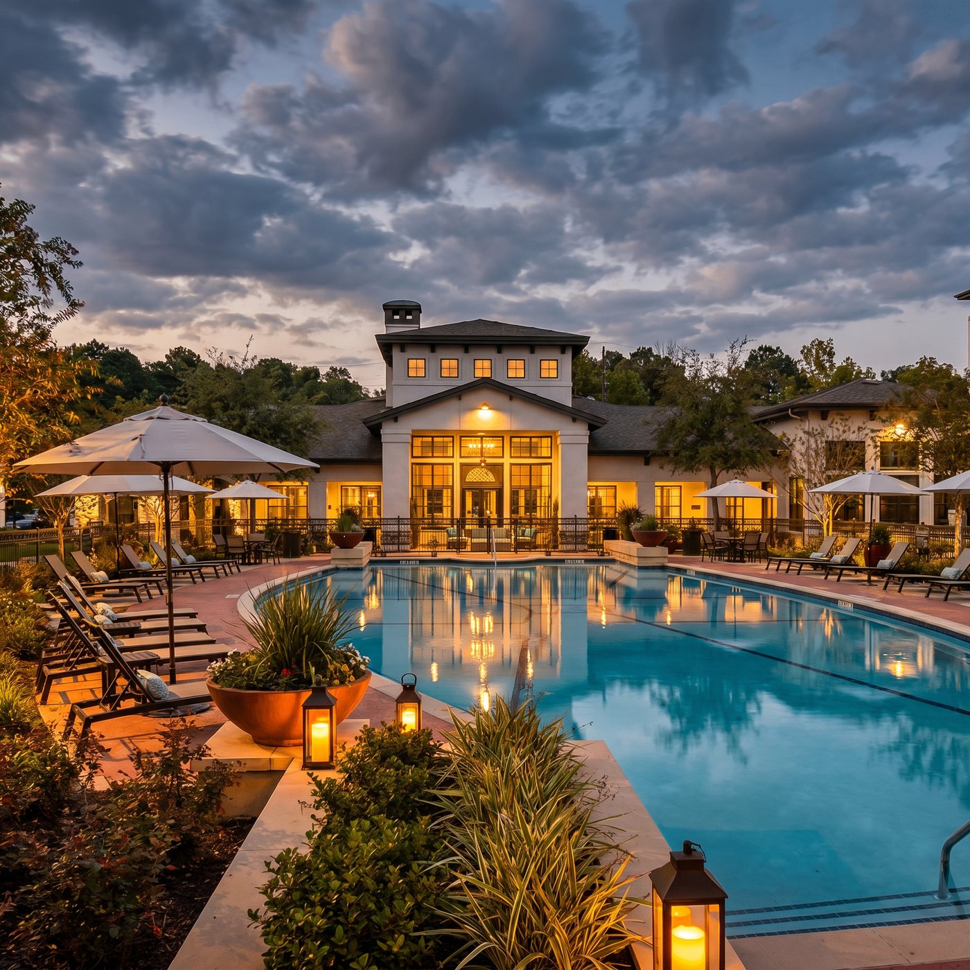 The Oaks at Capital Creek pool and clubhouse at night